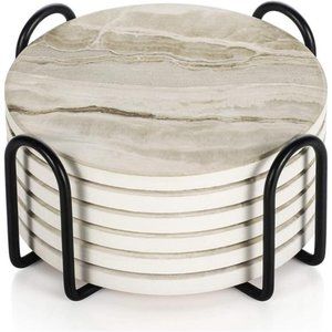 Set of 6 Drink Coasters with Holder Absorbent Coaster Marble Style Ceramic